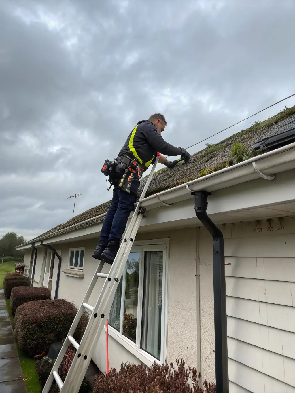 A technician cleaning out a clogged gutter filled with leaves and debris, ensuring proper water flow, showcasing Xtreme Outdoor Cleaning's gutter cleaning service.