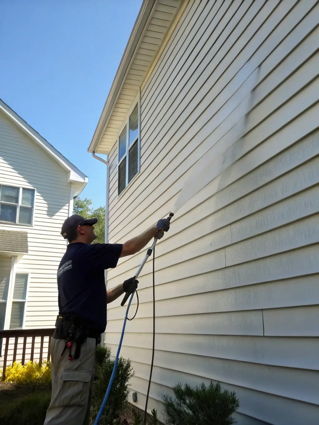 A technician using a soft-bristled brush and cleaning solution to wash the exterior of a house, removing dirt and mildew, highlighting Xtreme Outdoor Cleaning's house washing service.
